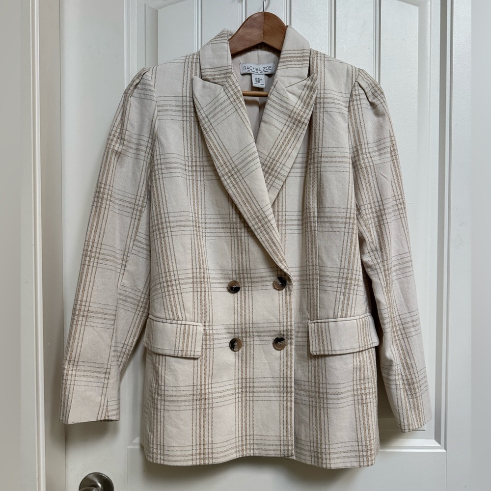 Rachel Zoe Cream & Tan Plain Linen Cotton Blend Double Breasted Blazer. Size XS